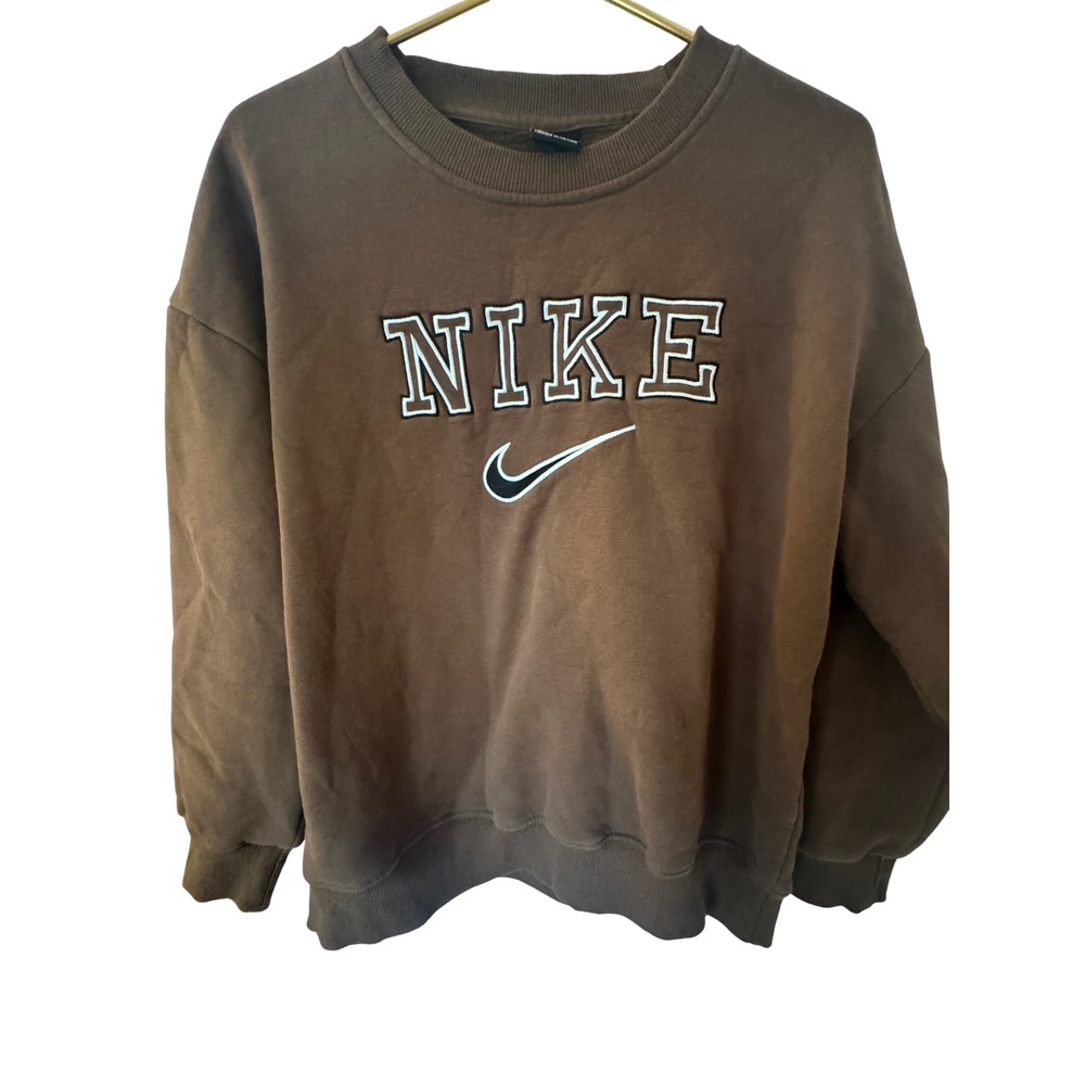 Nike Spellout Sweatshirt Brown Embroidered Swoosh Crewneck Pullover XL